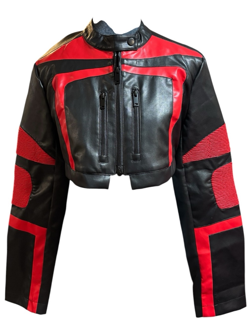 Fashion Nova Women’s Red & Black Cropped Moto Jacket Size Medium